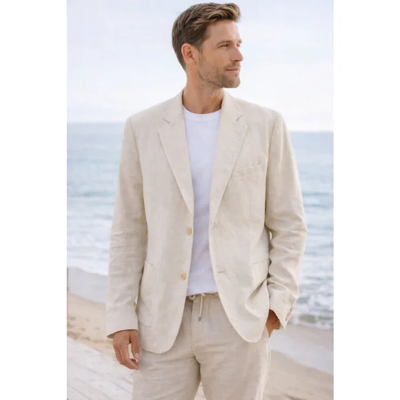 Andrew Fezza Linen Blend Blazer Cream Neutral Tailored Jacket Minimalist Coastal - Picture 1 of 15